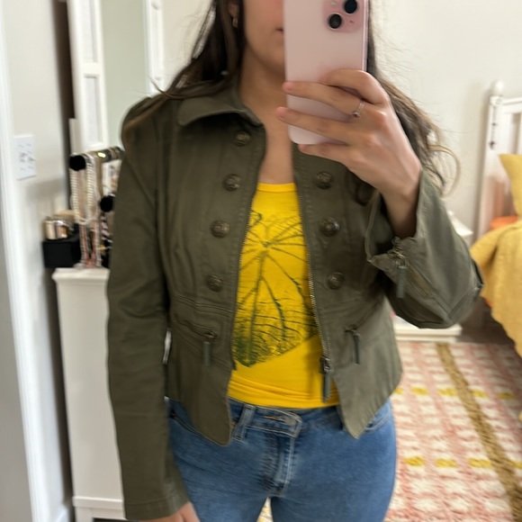 Y2K Juicy Couture Jacket M Military Cropped Button Front Zip Collar Army Green - Picture 2 of 14